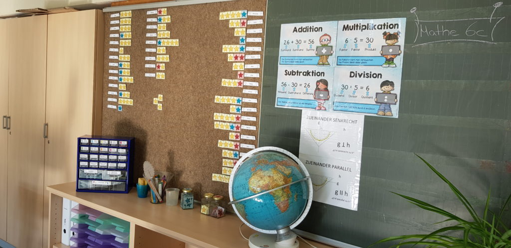 Seitenwand eines Klassenzimmers mit Schrank, Filzwand und Tafel, an der mathematische Plakate zu den Grundrechenarten hÃ¤ngen. Davor steht auf einem Sideboard ein Globus.