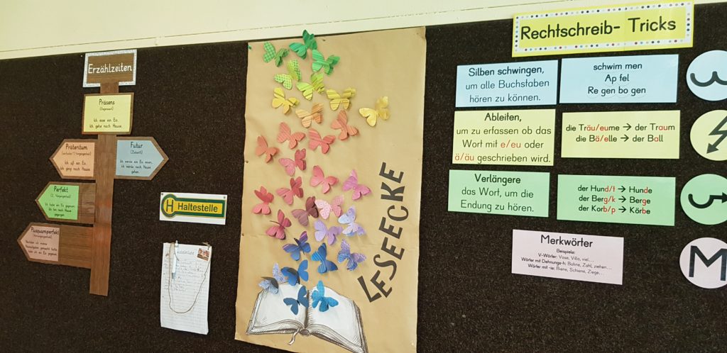 Seitenwand in der BÃ¼cherei der Realschule Ã–hringen mit Plakaten: links die ErzÃ¤hlzeiten, rechts daneben ein grÃ¼n-gelbes Haltestellenzeichen, rechts daneben ein aufgeschlagenes Buch aus dem bunte Schmetterlinge fliegen mit der Aufschrift Leseecke ganz rechts Rechtschreibtricks