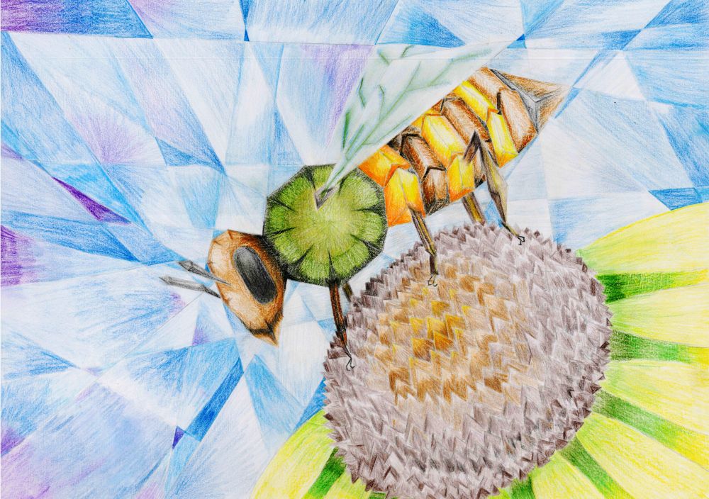 Kubismus: Ein Gemälde im Stile des Kubismus. Eine Biene sitzt auf einer großen Blüte vor einem blauen Hintergrund.