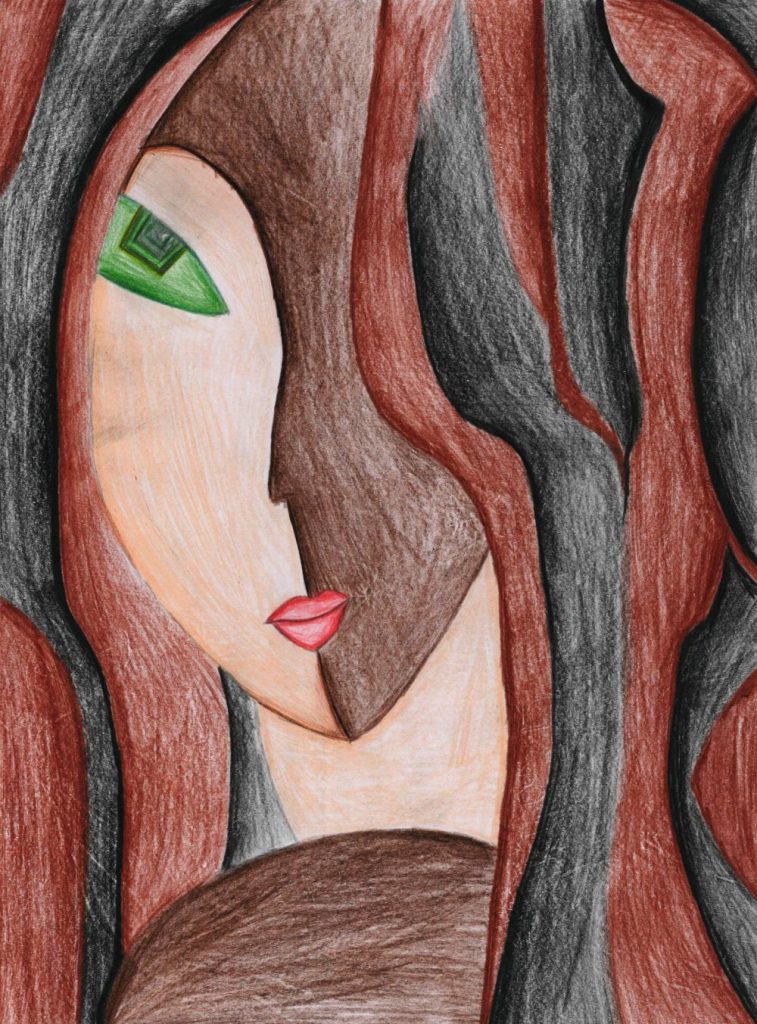 Kubismus: Ein Gemälde im Stile des Kubismus. Es ist das Portrait einer Braunhaarigen Frau mit grünen Augen. Die Langen Haare hängen über die linke Gesichtshälfte.
